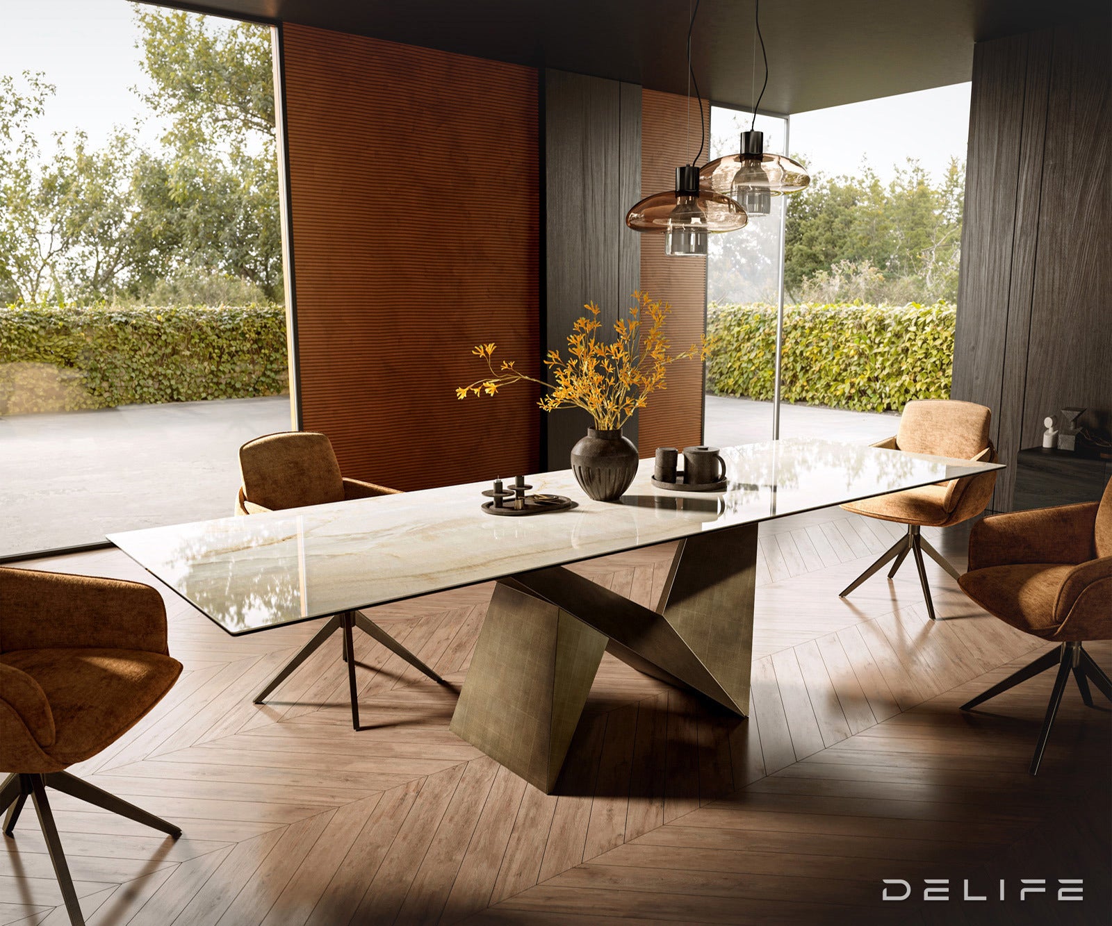 Jedilna miza z robom 300x100cm, Material: Keramika Laminam Onice Oro