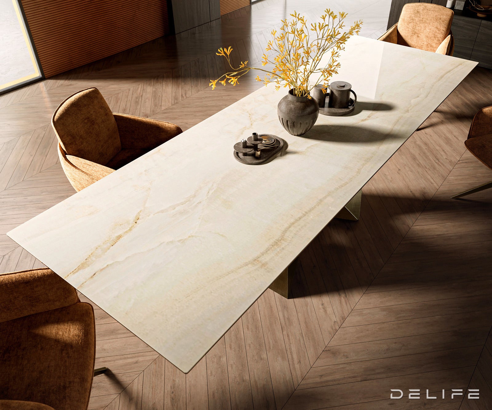 Jedilna miza z robom 300x100cm, Material: Keramika Laminam Onice Oro