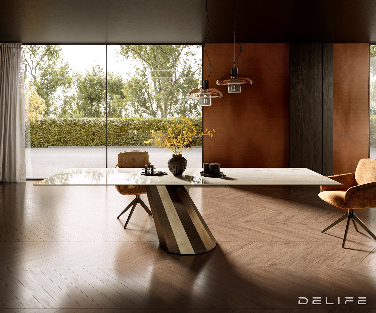 Jedilna miza z robom 300x100cm, Material: Keramika Laminam Onice Oro