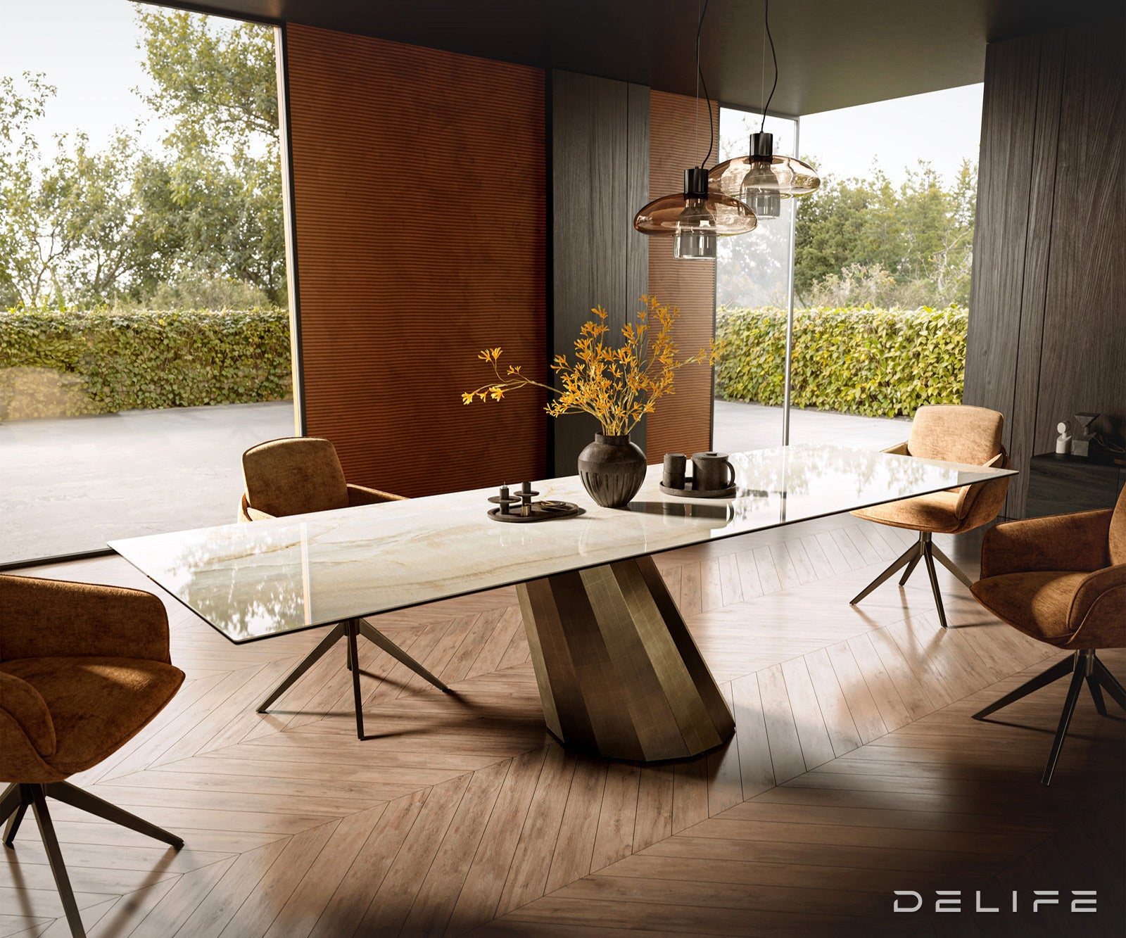 Jedilna miza z robom 300x100cm, Material: Keramika Laminam Onice Oro