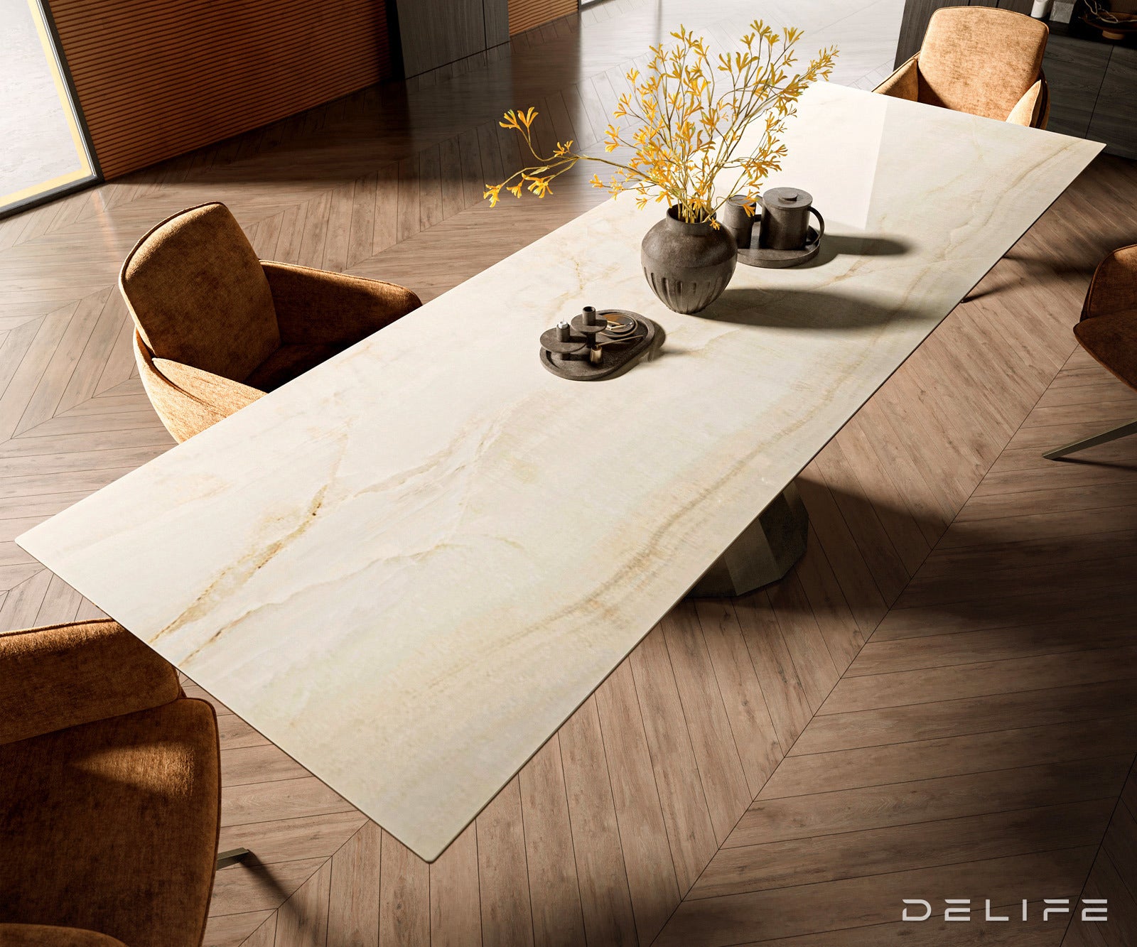 Jedilna miza z robom 300x100cm, Material: Keramika Laminam Onice Oro