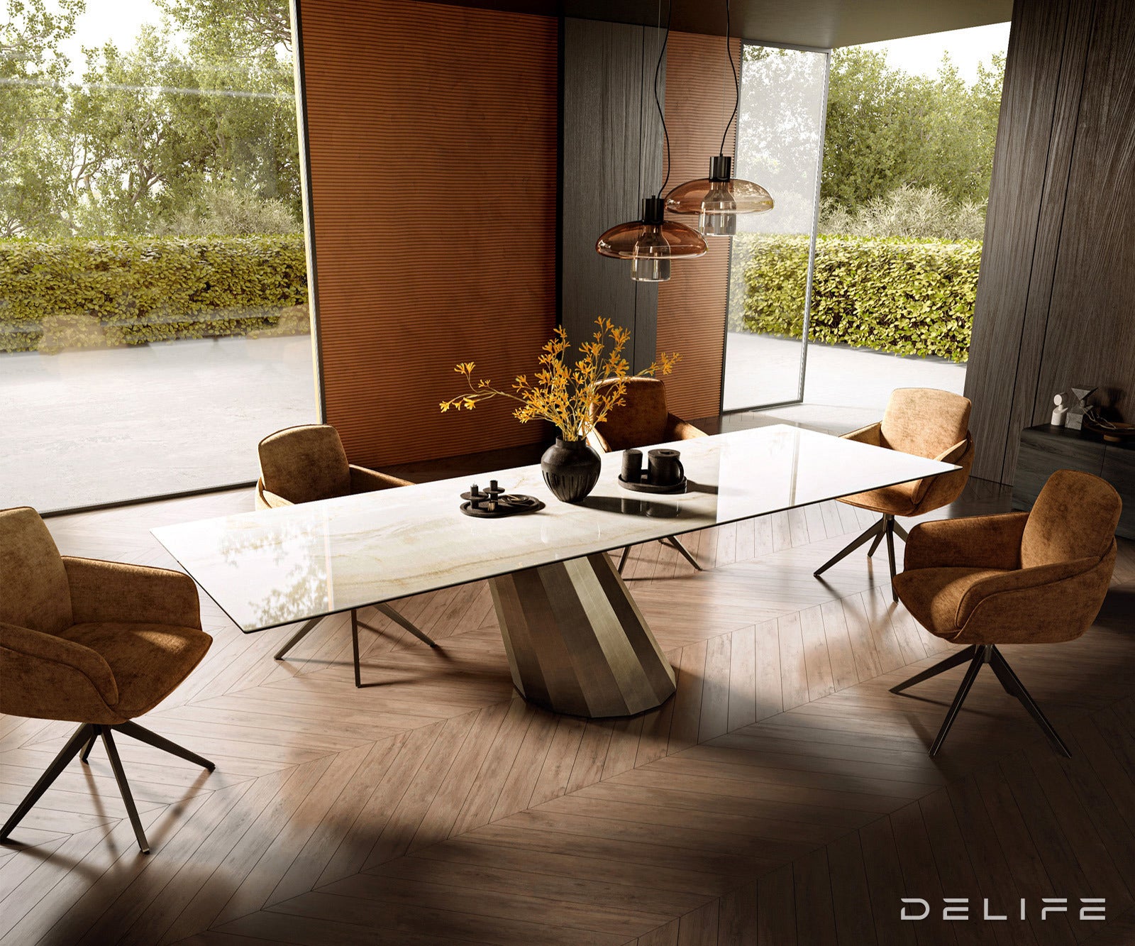 Jedilna miza z robom 300x100cm, Material: Keramika Laminam Onice Oro