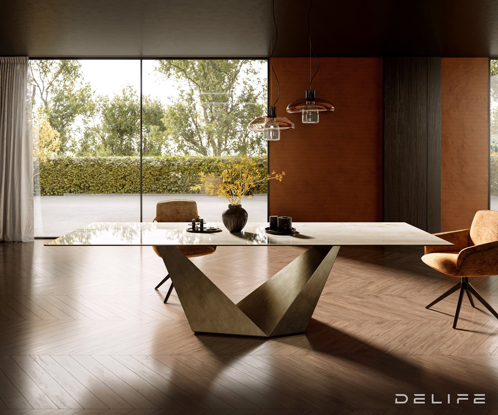 Jedilna miza z robom 300x100cm, Material: Keramika Laminam Onice Oro