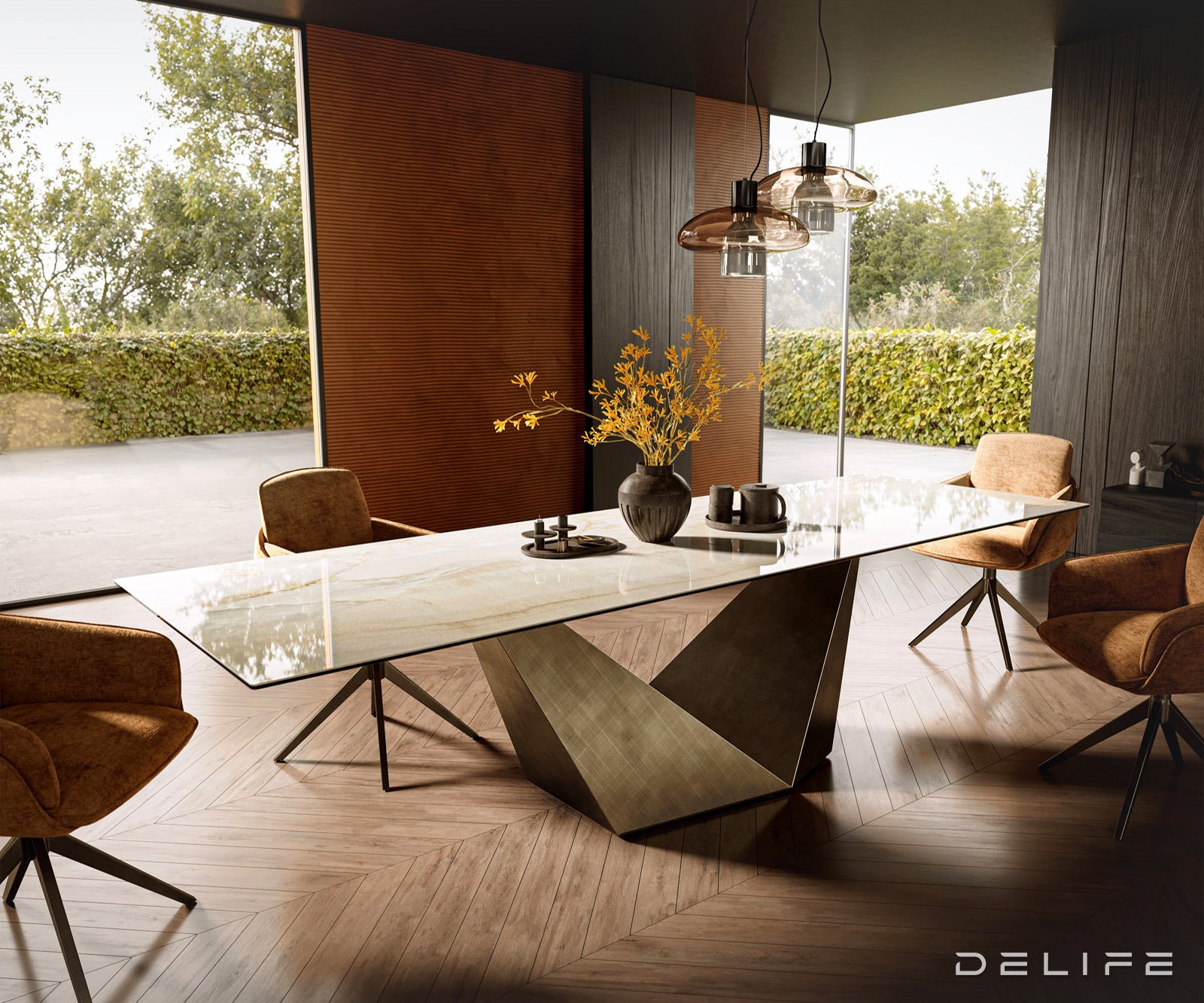 Jedilna miza z robom 300x100cm, Material: Keramika Laminam Onice Oro