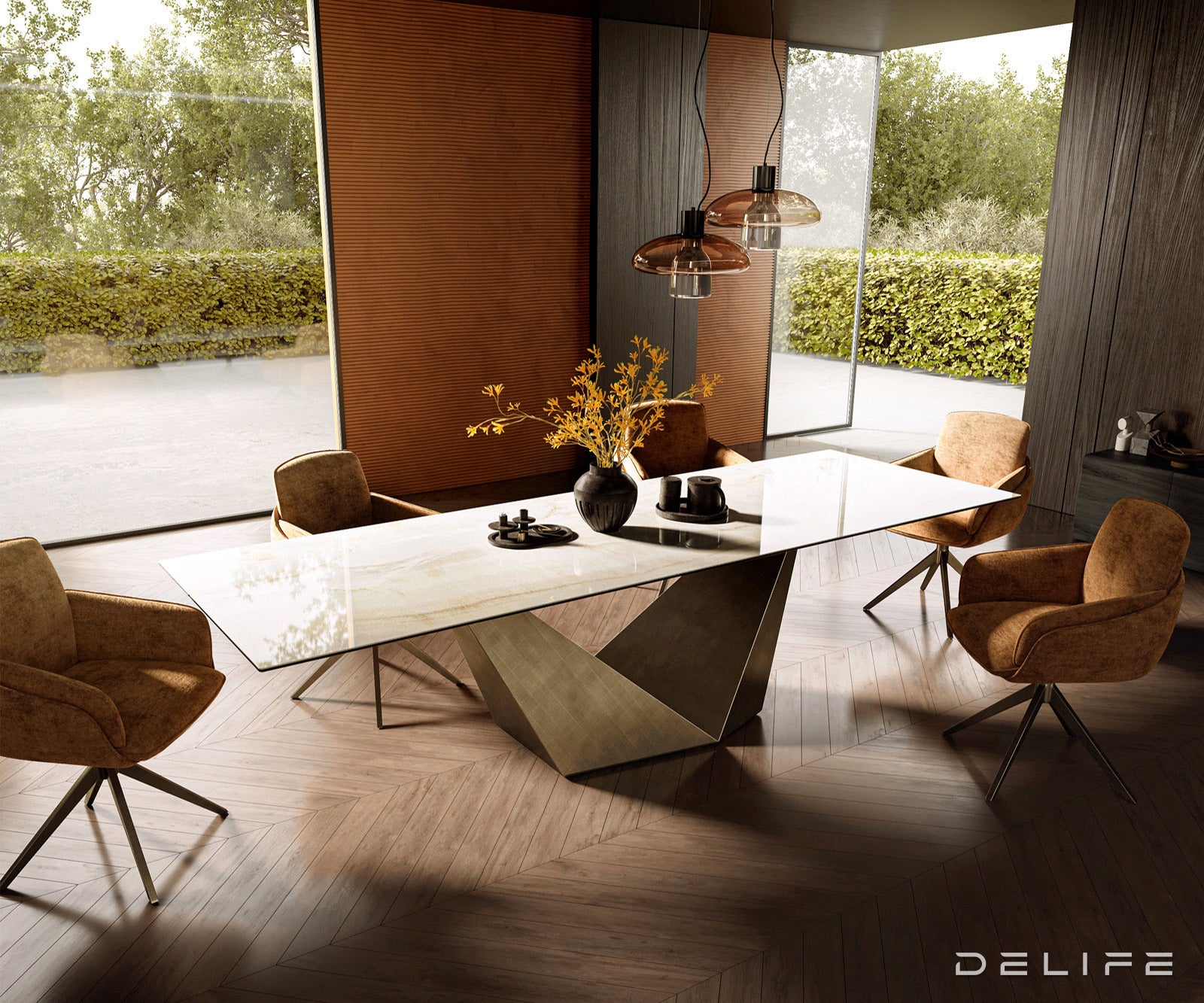 Jedilna miza z robom 300x100cm, Material: Keramika Laminam Onice Oro