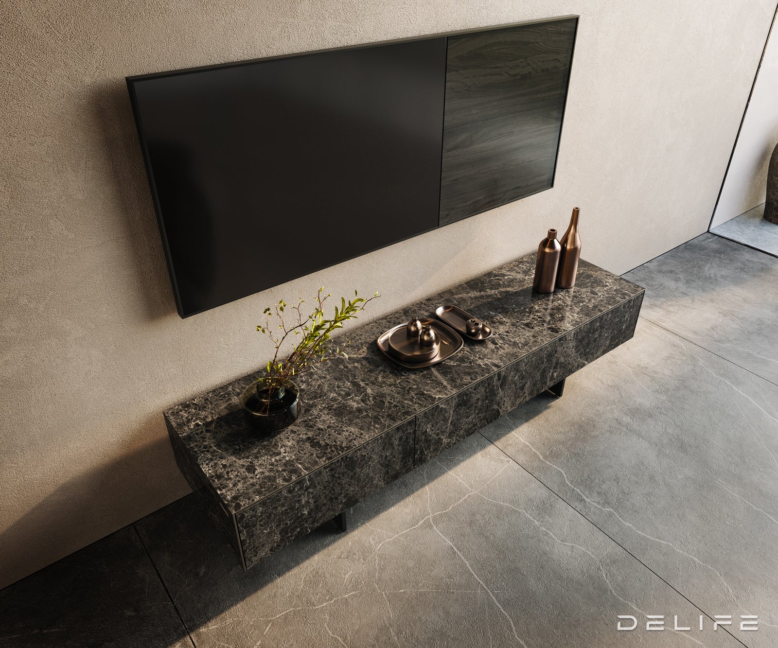 TV komoda Cuor 150x40 cm, material: Emperador Extra Lucidato