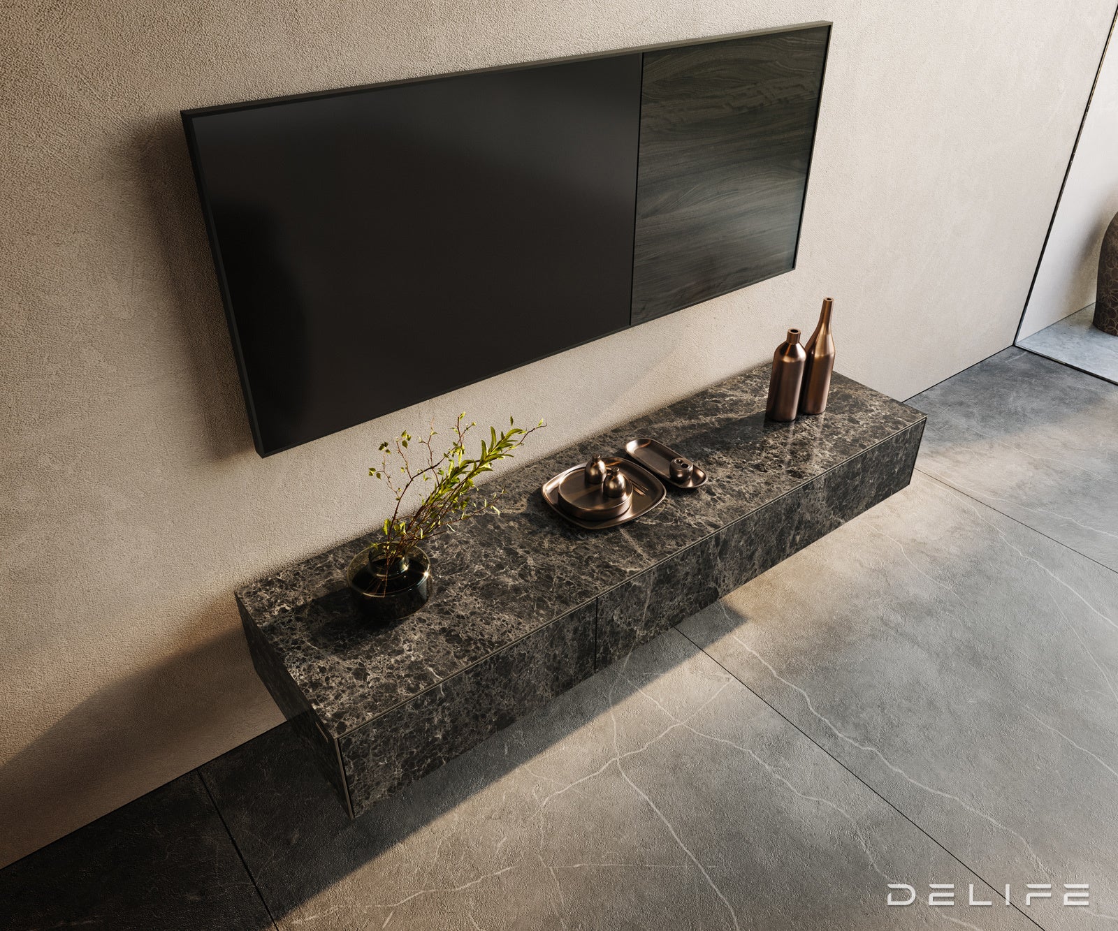 TV komoda Cuor 150x40 cm, material: Emperador Extra Lucidato