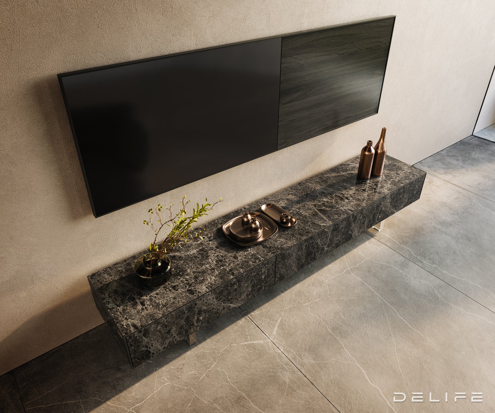 TV komoda Cuor 200x40 cm, material: Emperador Extra Lucidato