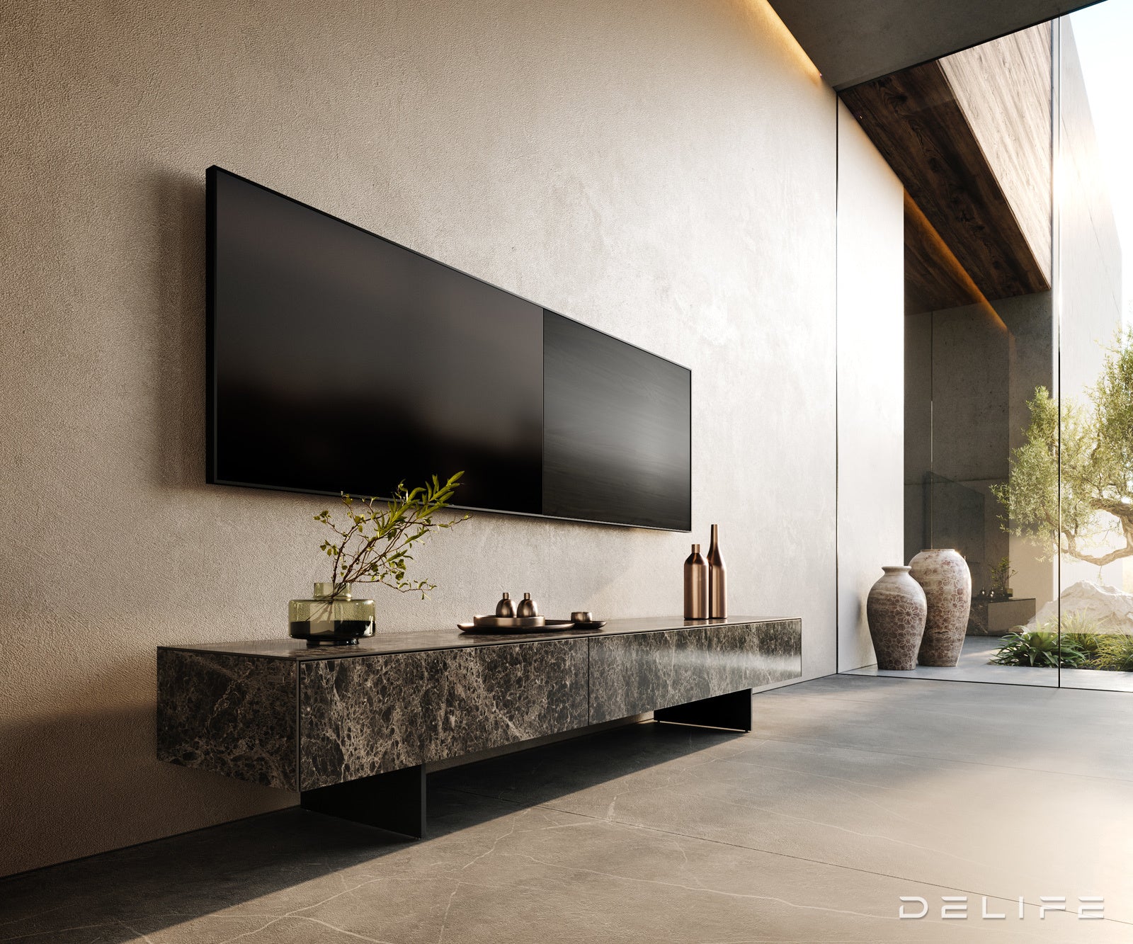 TV komoda Cuor 200x40 cm, material: Emperador Extra Lucidato