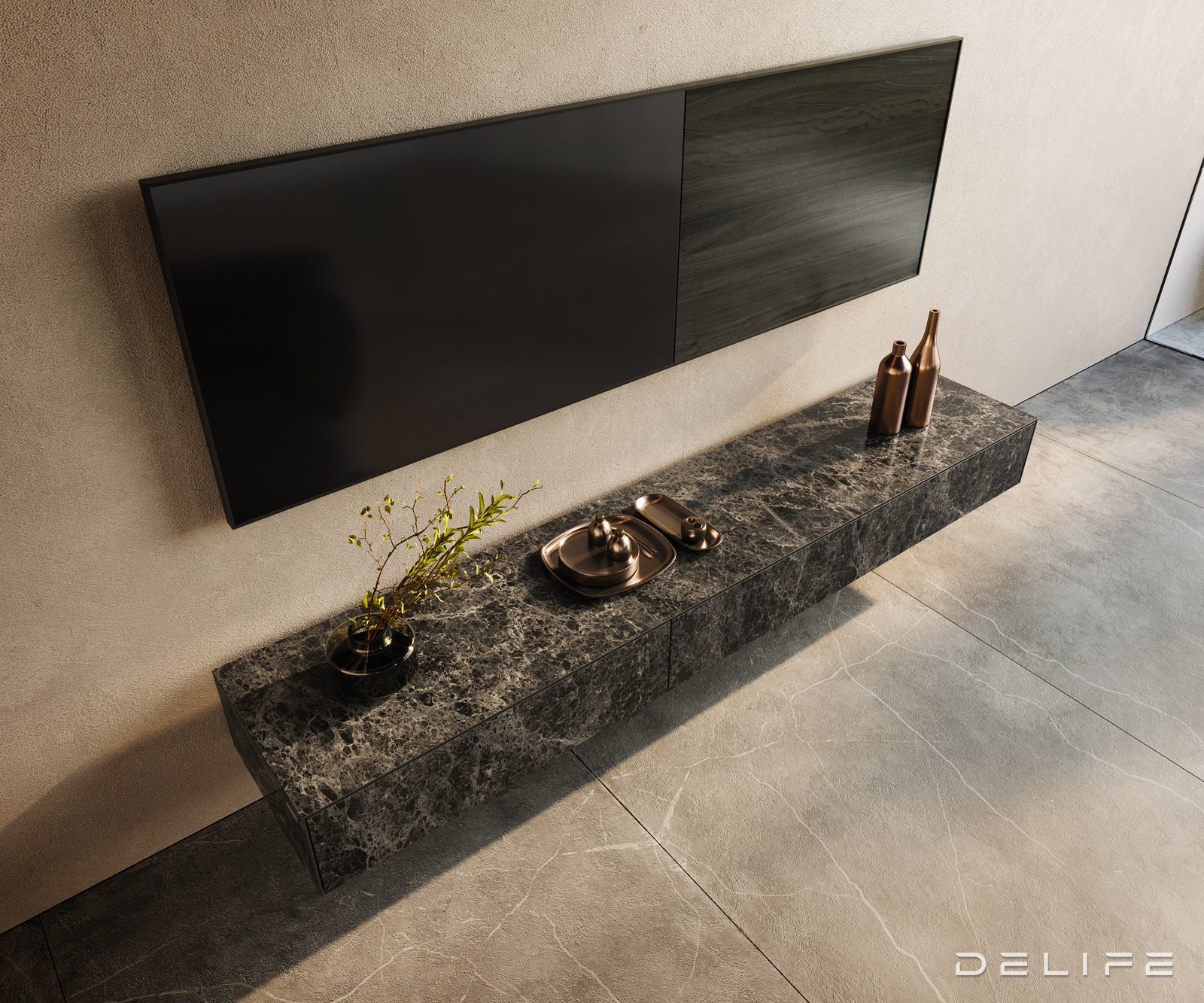 TV komoda Cuor 200x40 cm, material: Emperador Extra Lucidato