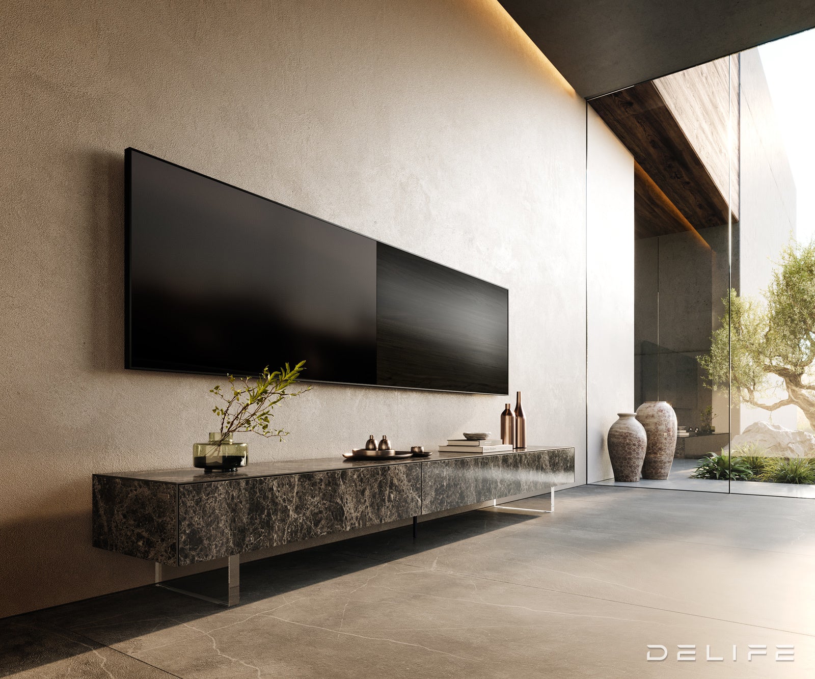 TV komoda Cuor 250x40 cm, material: Emperador Extra Lucidato