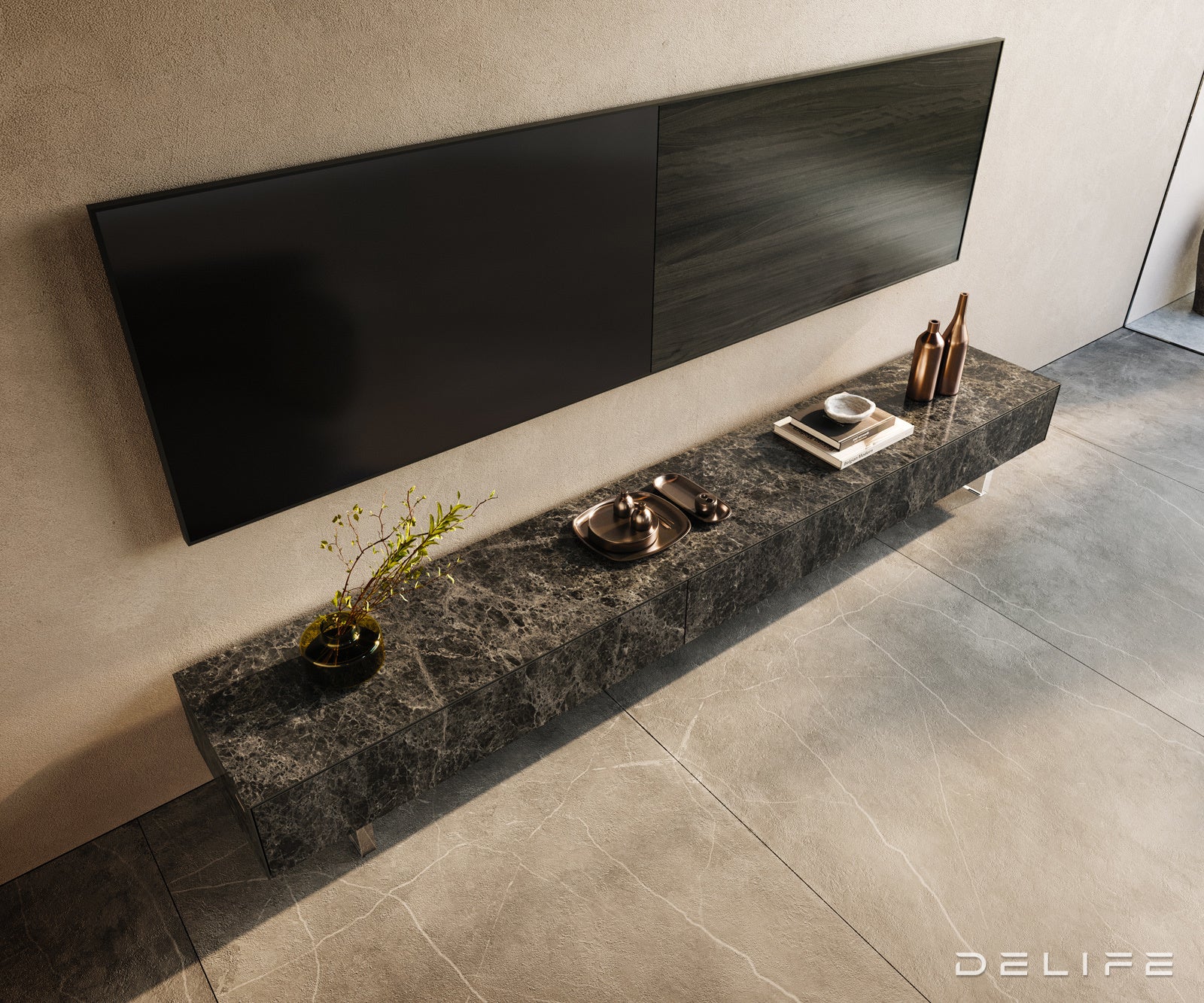 TV komoda Cuor 250x40 cm, material: Emperador Extra Lucidato
