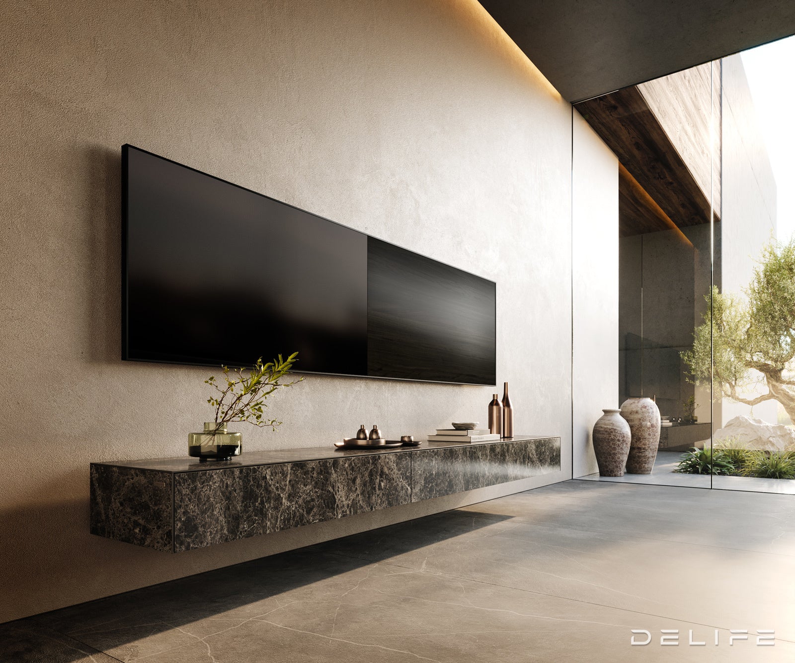 TV komoda Cuor 250x40 cm, material: Emperador Extra Lucidato