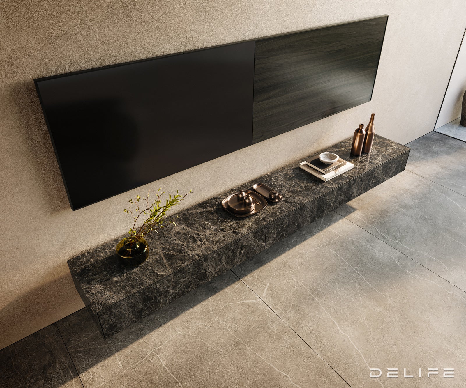 TV komoda Cuor 250x40 cm, material: Emperador Extra Lucidato