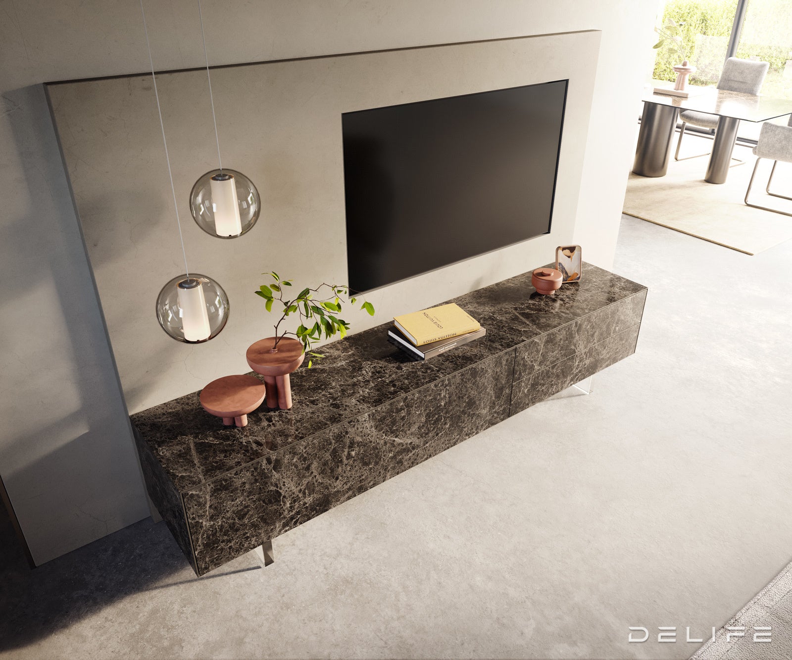TV komoda Cuor 220x45 cm, material: Emperador Extra Lucidato