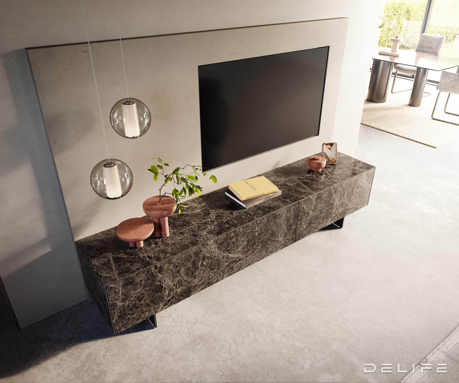 TV komoda Cuor 220x45 cm, material: Emperador Extra Lucidato