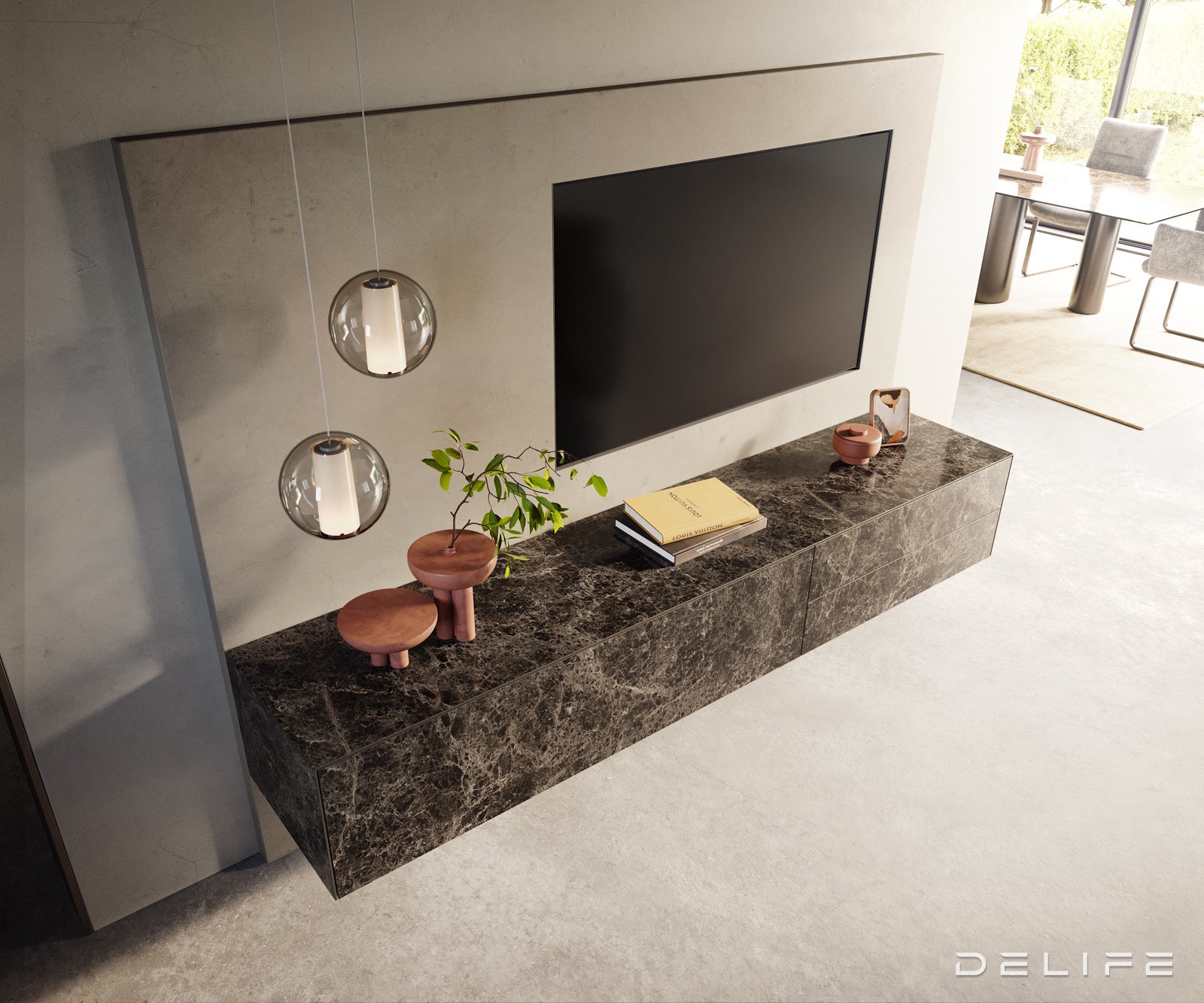 TV komoda Cuor 220x45 cm, material: Emperador Extra Lucidato