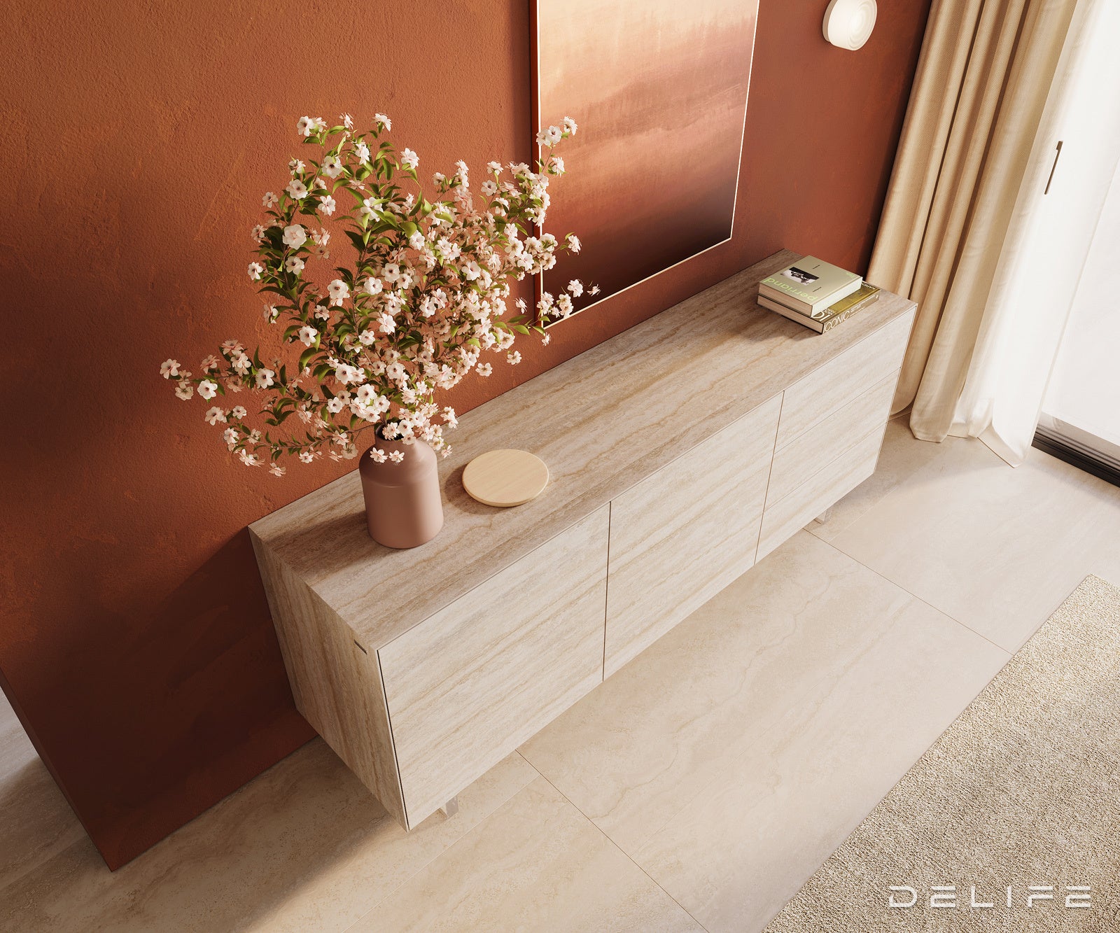 Komoda Cuor 180 × 45 cm, material: keramika Laminam Travertino Bianco