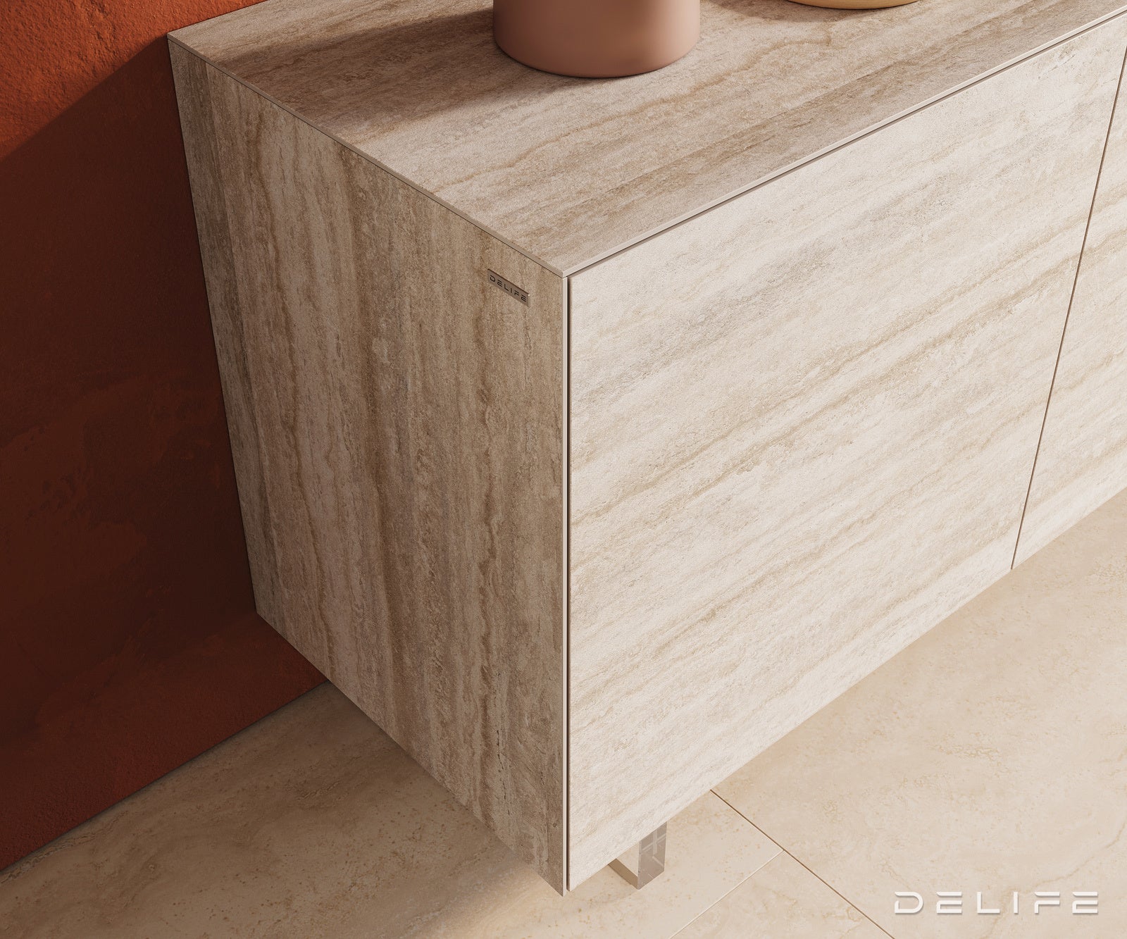Komoda Cuor 180 × 45 cm, material: keramika Laminam Travertino Bianco