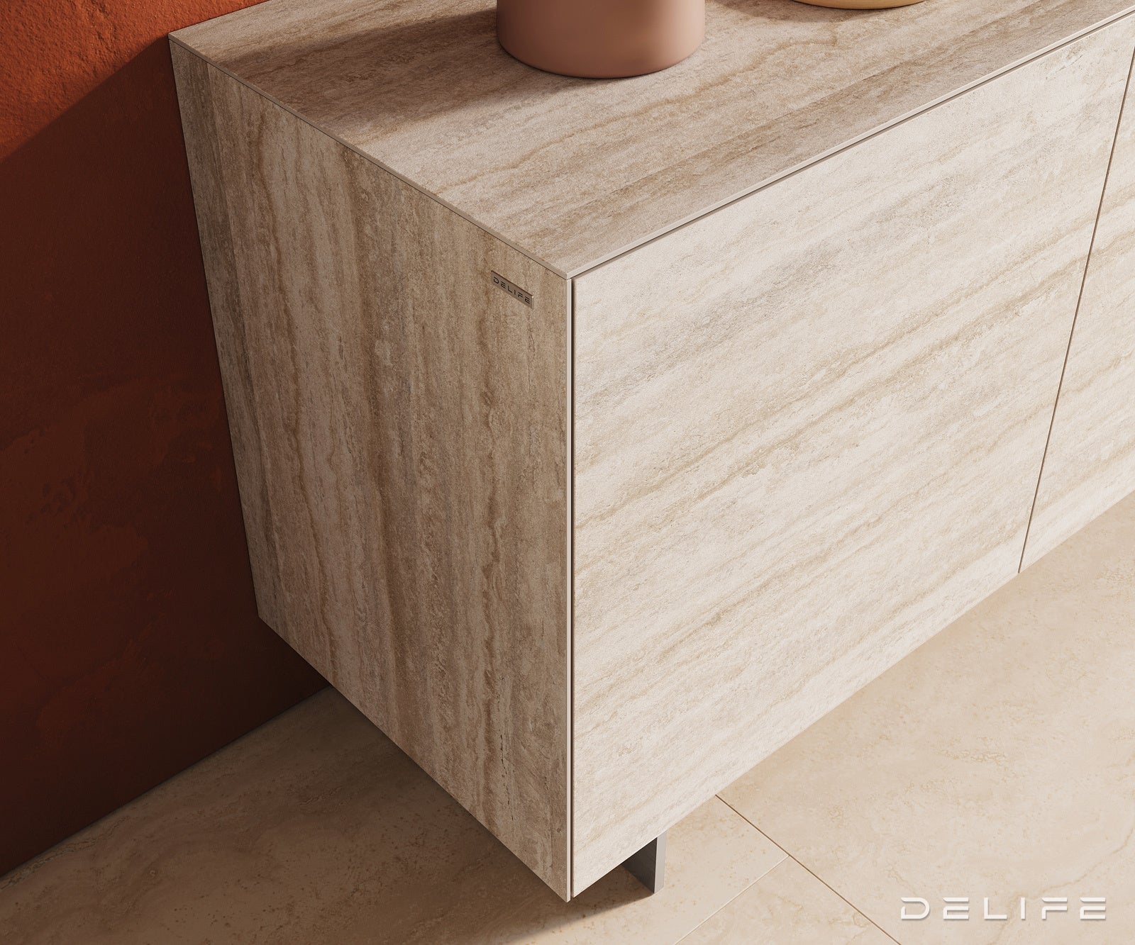 Komoda Cuor 180 × 45 cm, material: keramika Laminam Travertino Bianco