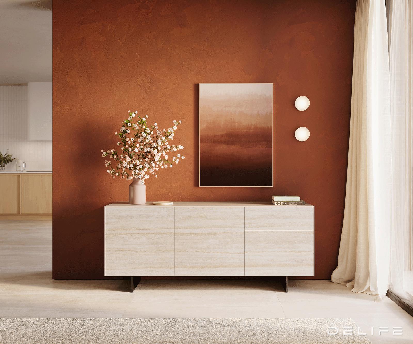 Komoda Cuor 180 × 45 cm, material: keramika Laminam Travertino Bianco