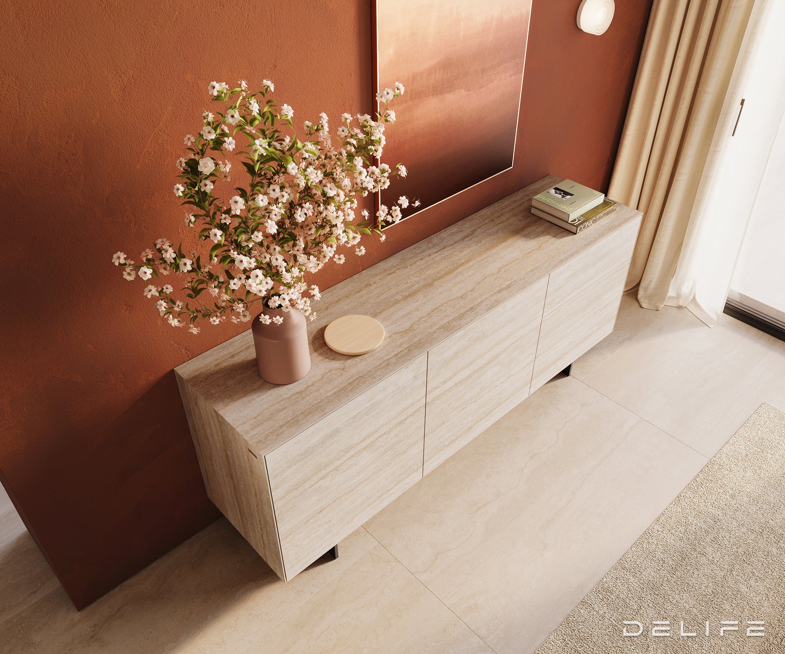 Komoda Cuor 180 × 45 cm, material: keramika Laminam Travertino Bianco