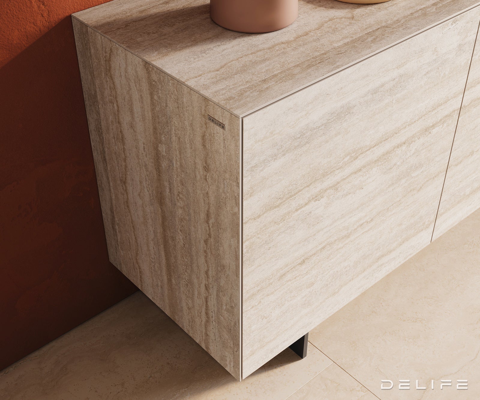 Komoda Cuor 180 × 45 cm, material: keramika Laminam Travertino Bianco