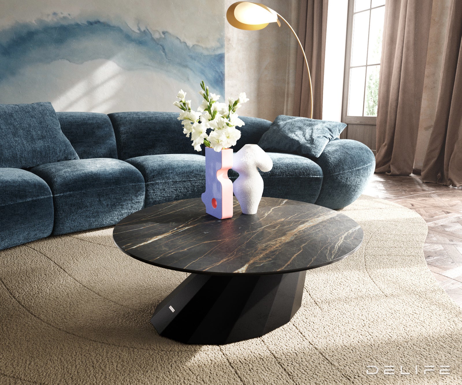 Klub mizica Edge 90x90cm, Material: keramika Laminam Noir Desir