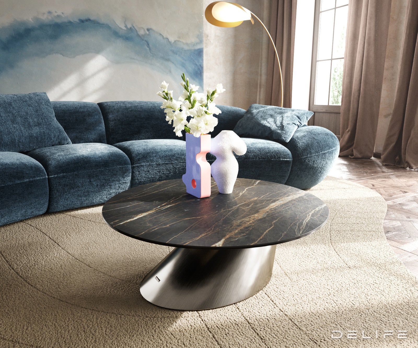 Klub mizica Edge 90x90cm, Material: keramika Laminam Noir Desir