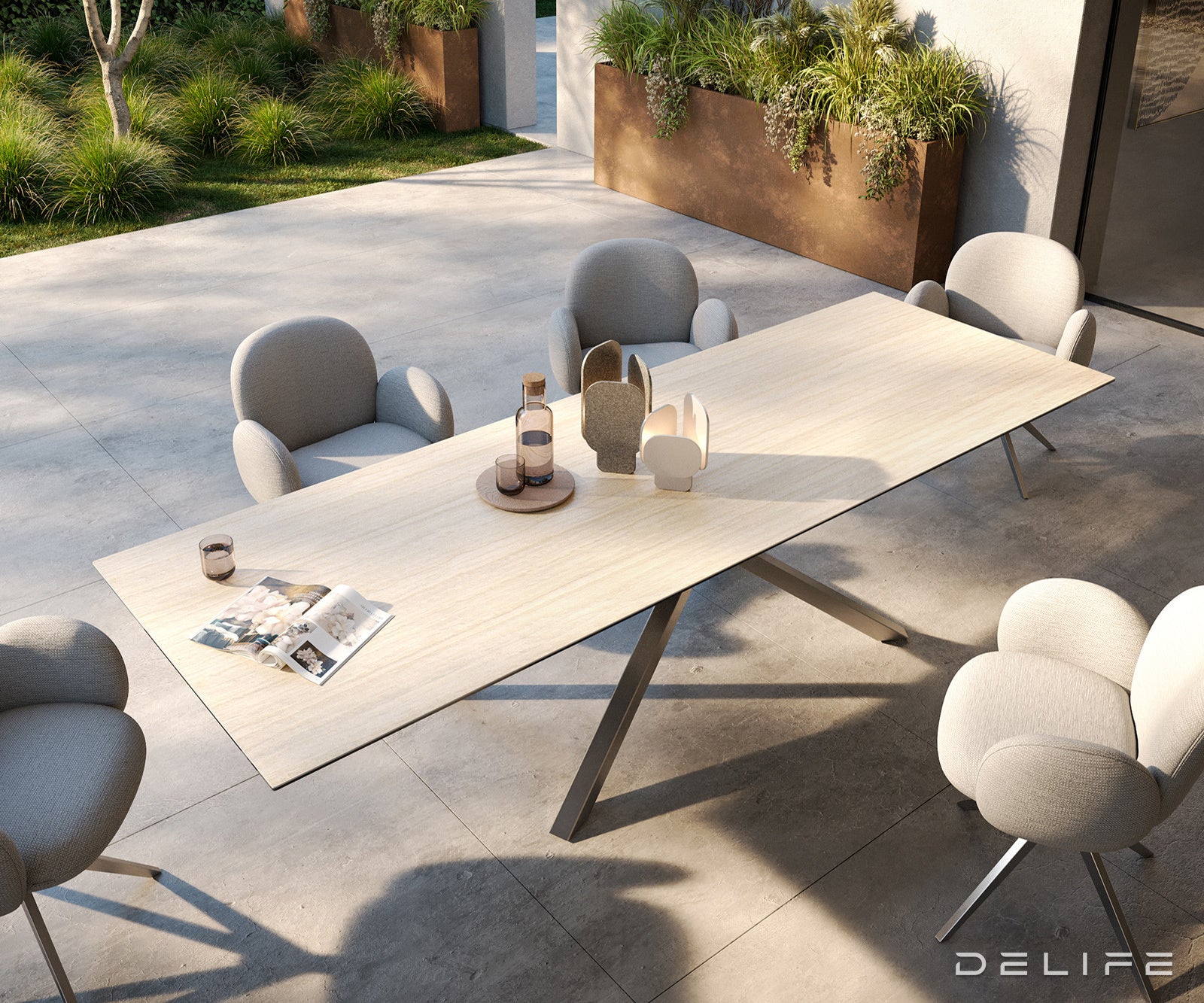 Outdoor miza Edge 300x100cm, Material: keramika Travertino Bianco