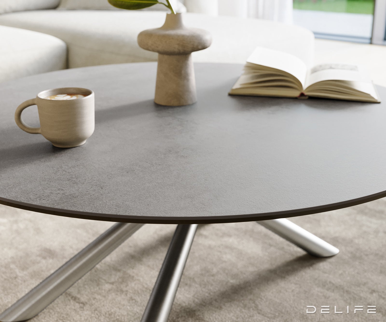 Klubska mizica Edge 100x100 cm, material: keramika, beton, siva
