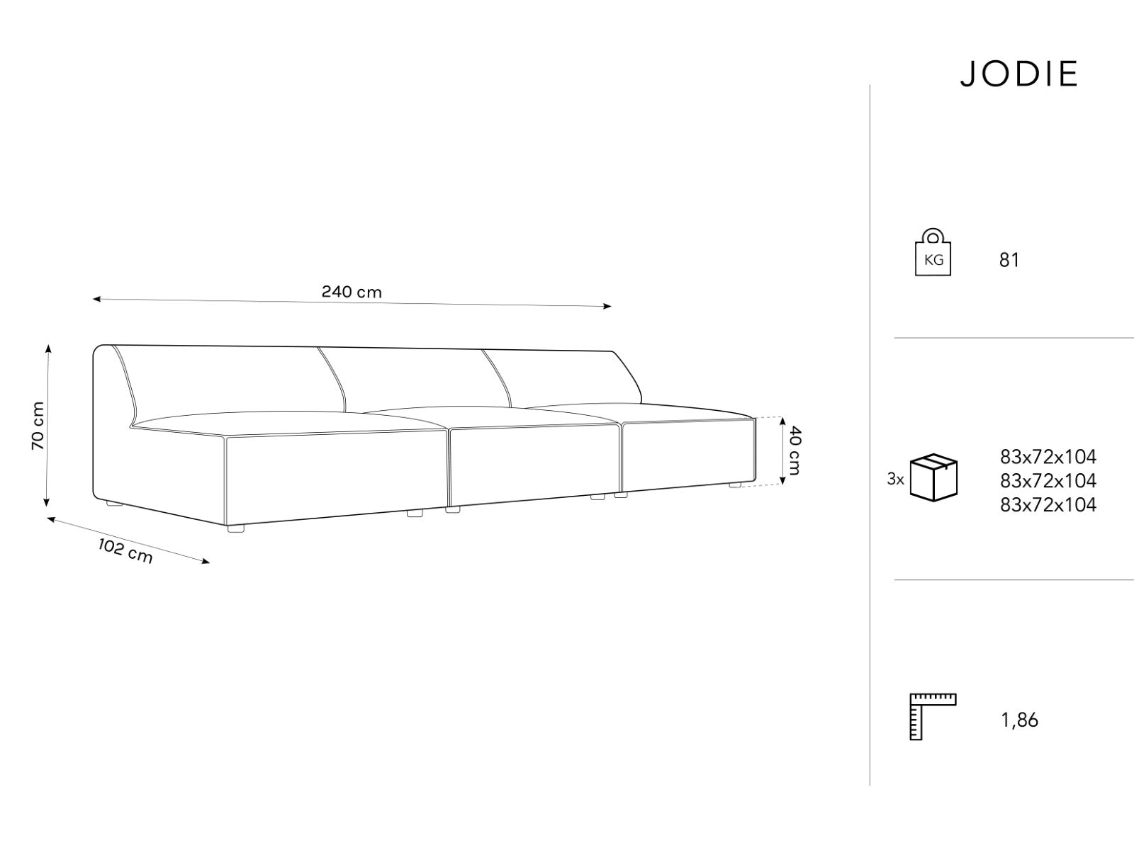 Kavč Jodie 240x102cm, 3 sedeži, Material: Strukturirano blago