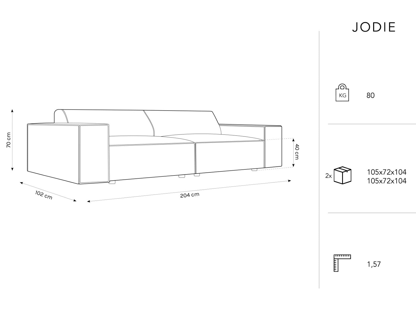 Jodie kavč, 3 sedeži 204x102cm, Material: Žamet
