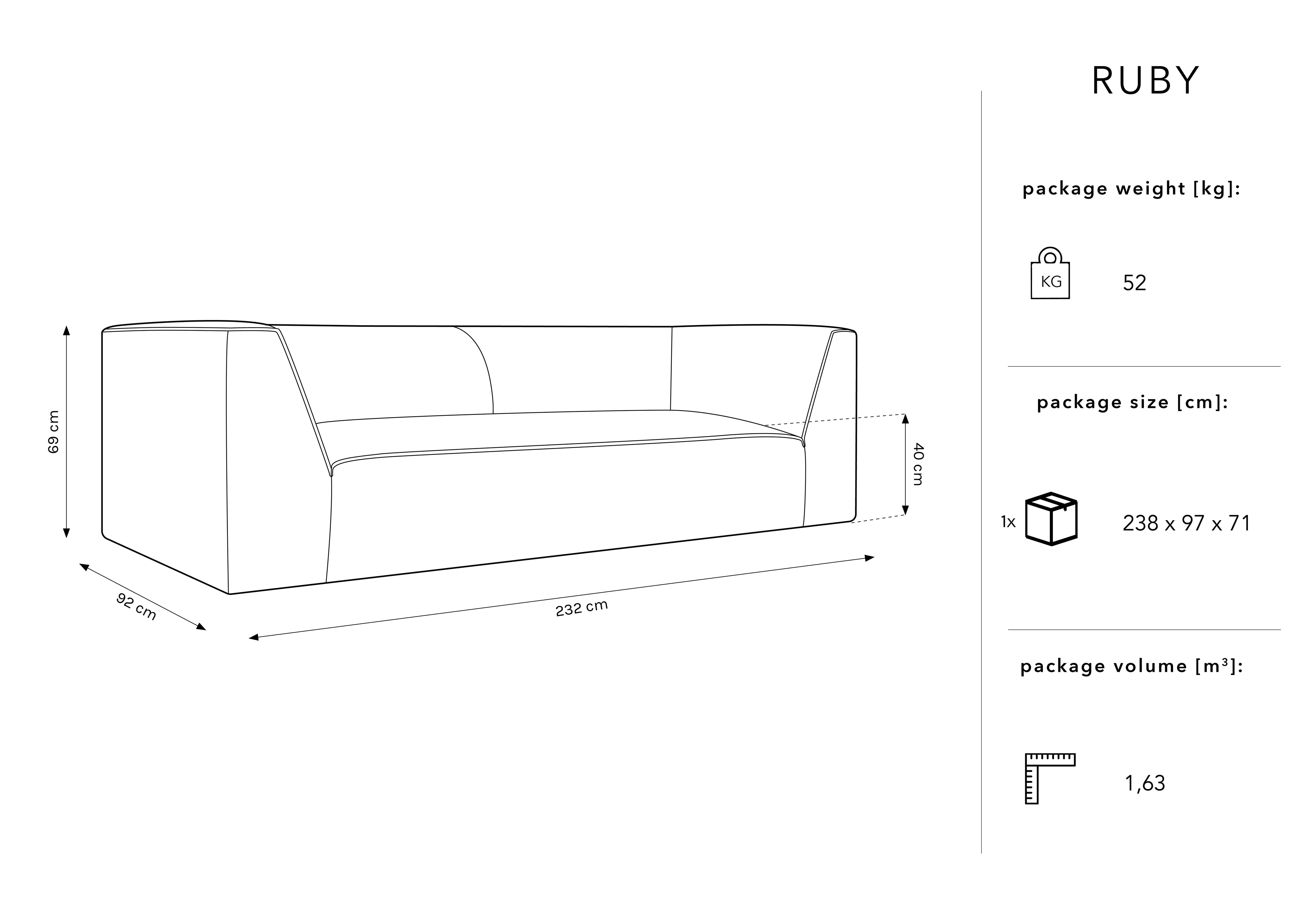Kavč Ruby, 3 sedeži, 232x92cm, Material: Žamet