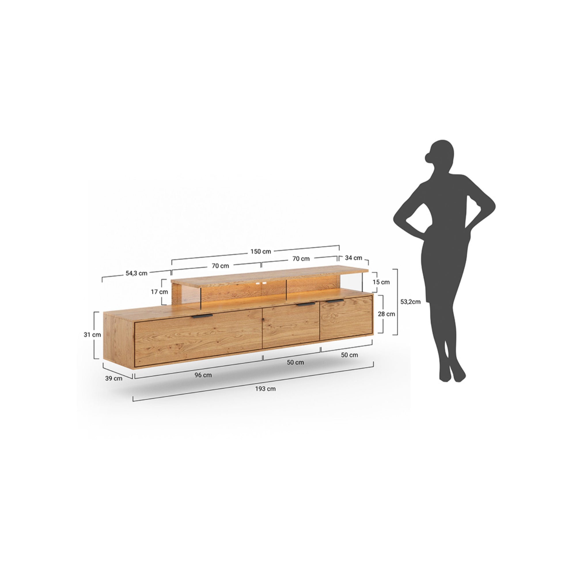 Viseča TV komoda Tirano 200x39 cm, material: masiven hrastov les