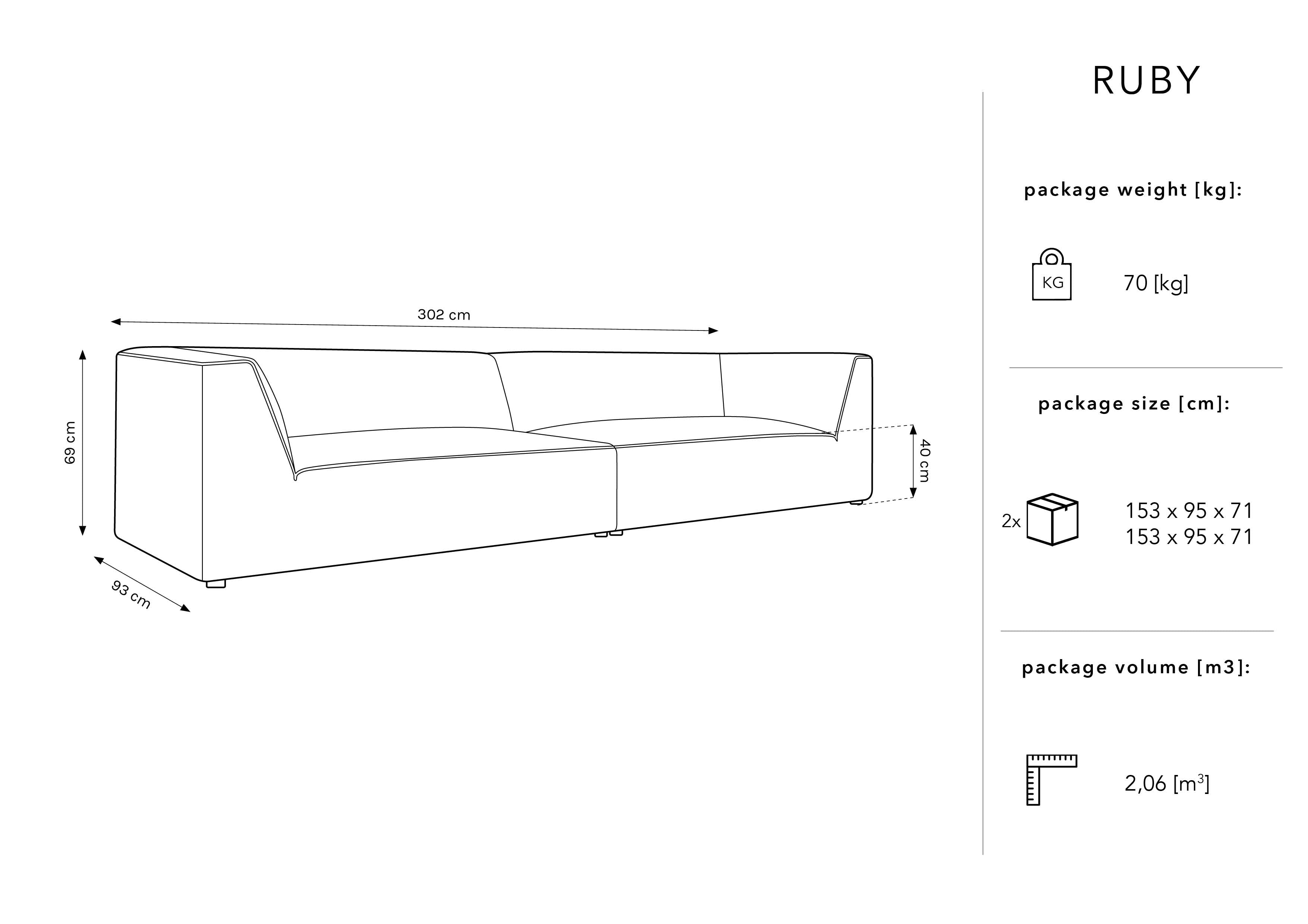 Kavč Ruby, 4 sedeži, 302x93cm, Material: Rebrasta tkanina