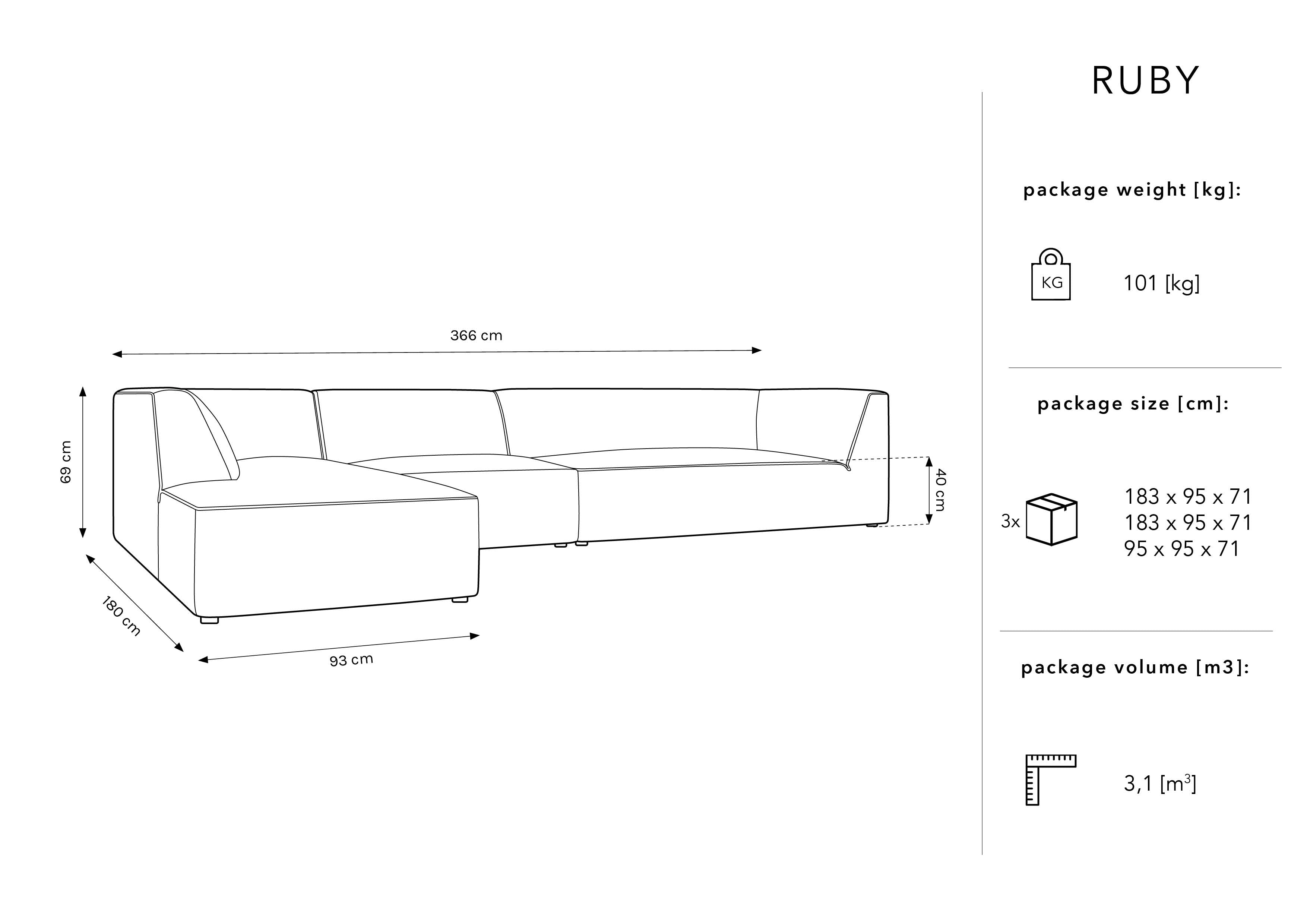 Kotna sedežna garnitura Ruby, 5 sedežev, 366x180cm, Material: Rebrasta tkanina