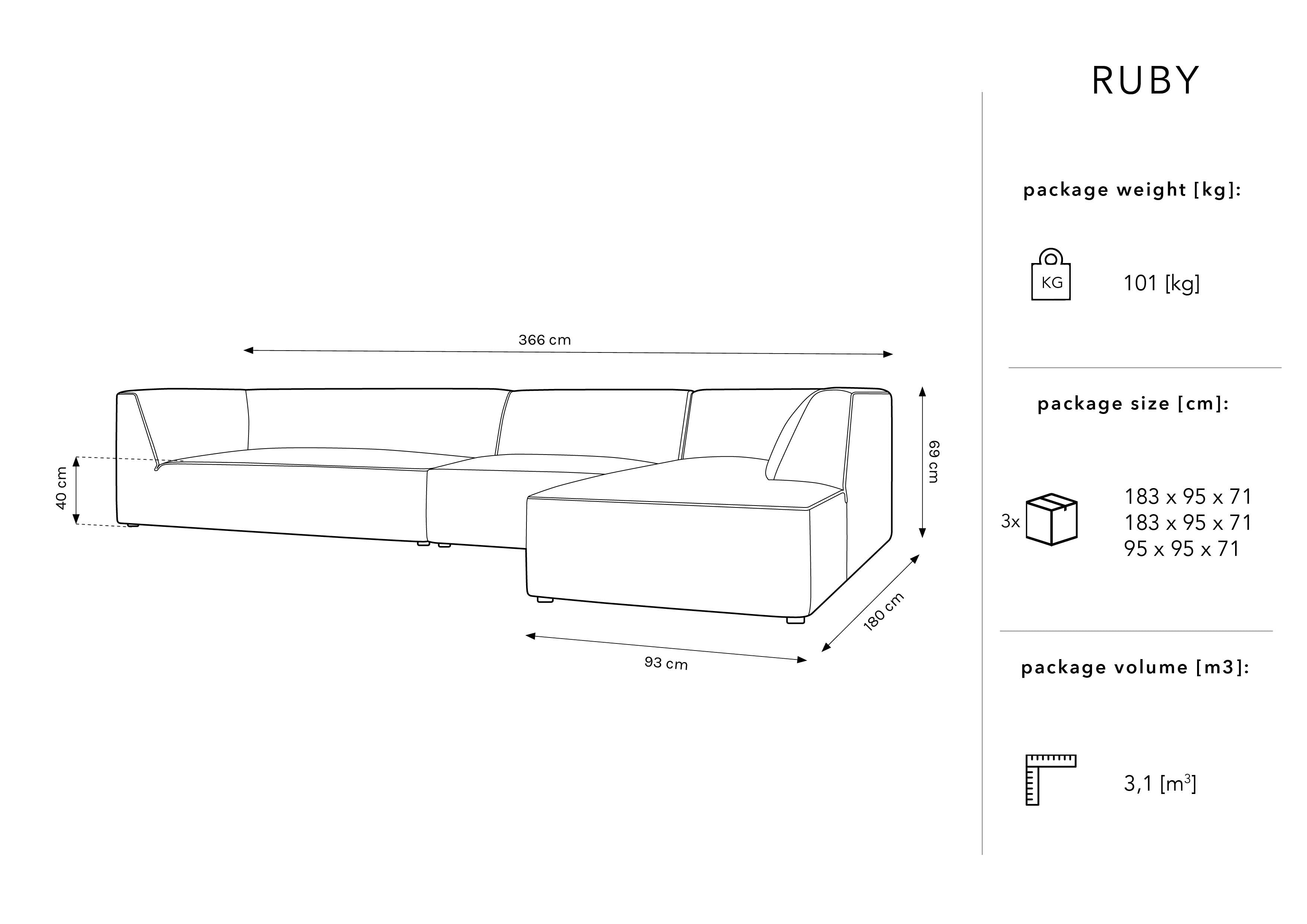 Kotna sedežna garnitura Ruby, 5 sedežev, 366x180cm, Material: Rebrasta tkanina