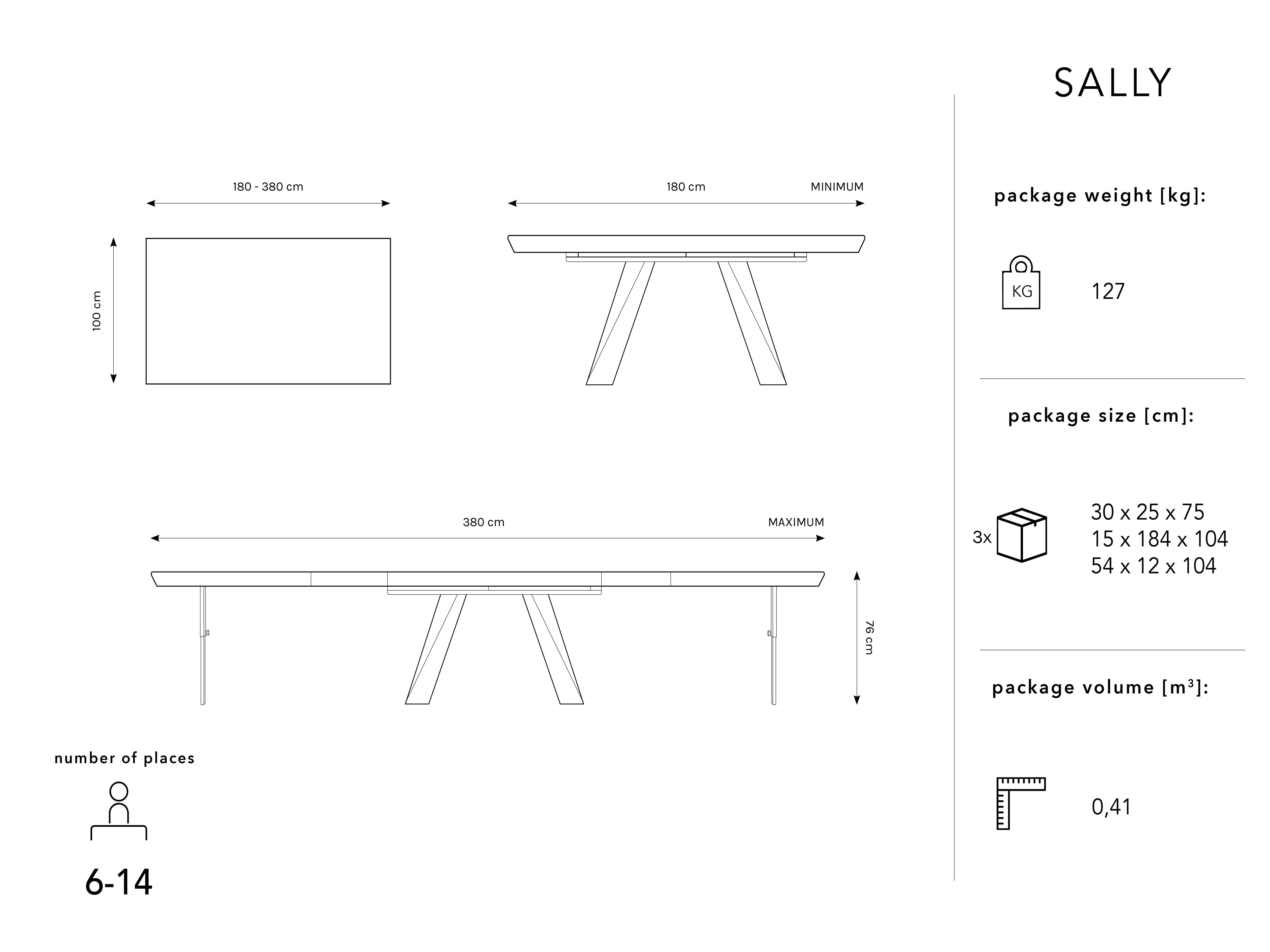Raztegljiva jedilna miza Sally, 180/380x100x76cm, Material: Les